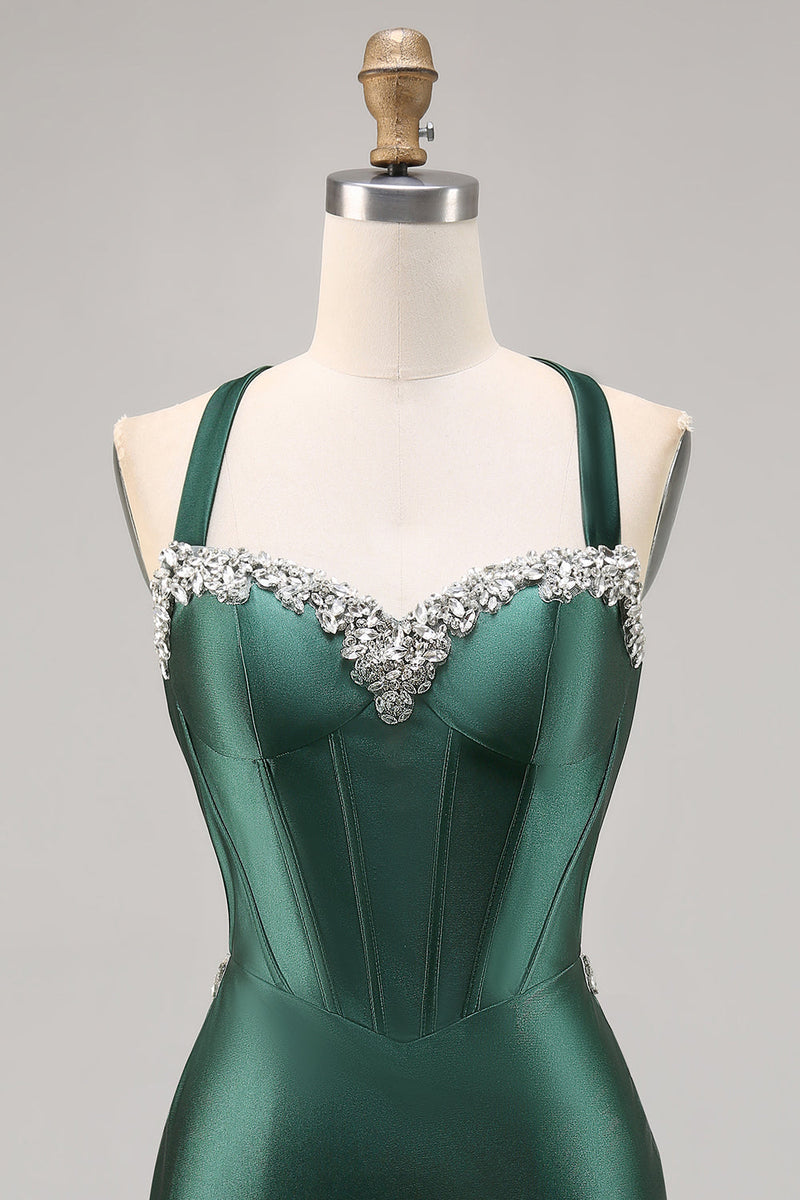 Load image into Gallery viewer, Sparkly Dark Green Satin Corset Short Tight Prom Dress with Beading