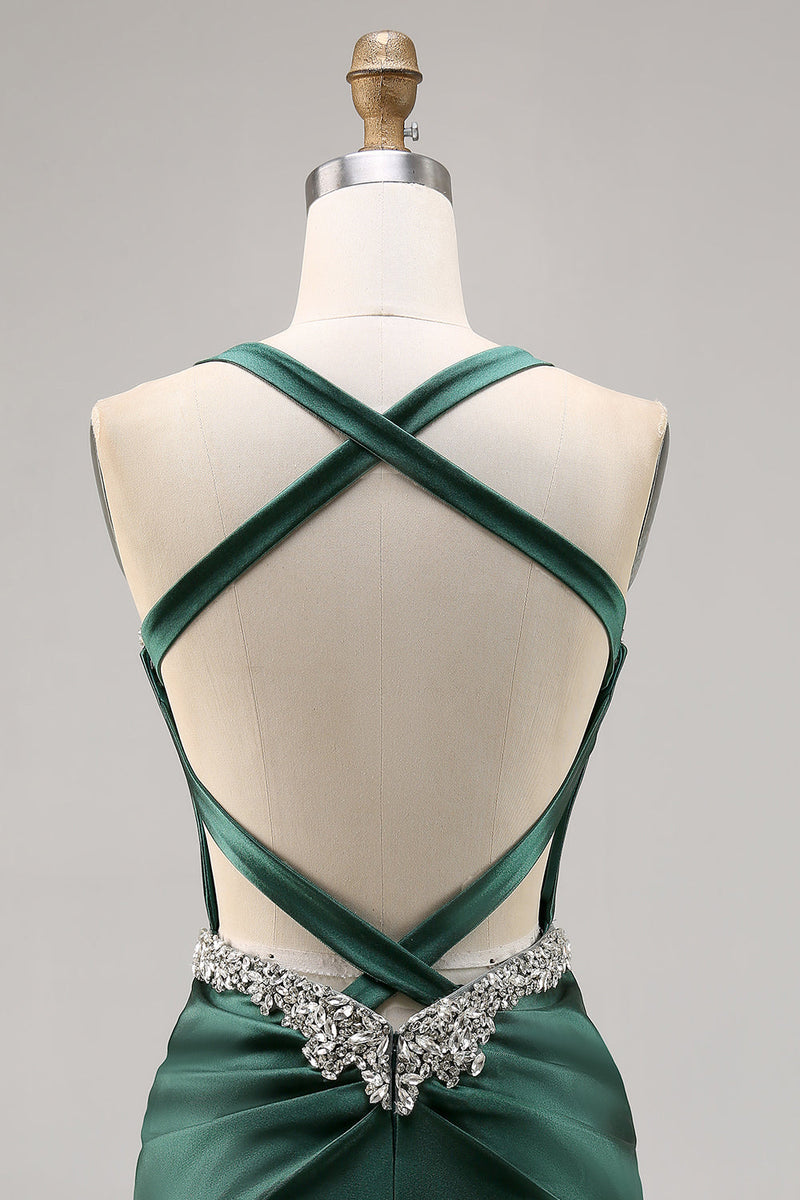 Load image into Gallery viewer, Sparkly Dark Green Satin Corset Short Tight Prom Dress with Beading