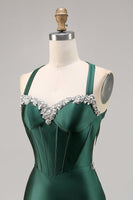 Load image into Gallery viewer, Sparkly Dark Green Satin Corset Short Tight Prom Dress with Beading