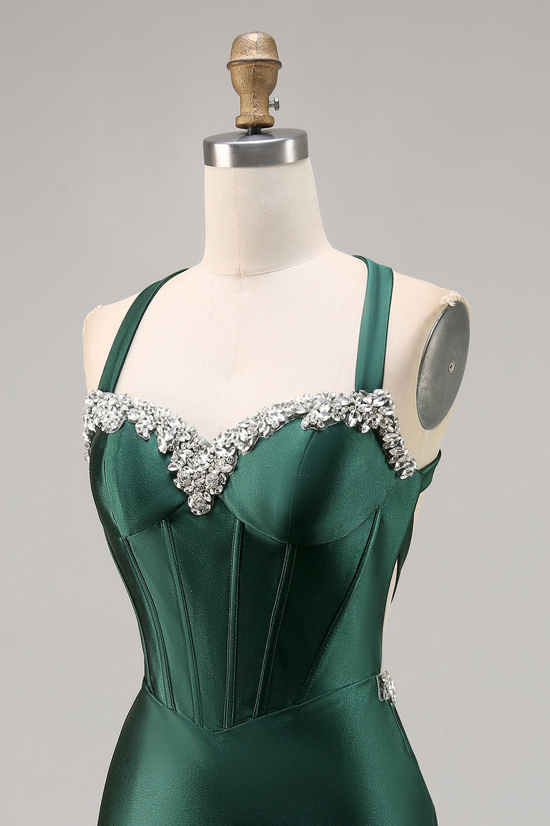Load image into Gallery viewer, Sparkly Dark Green Satin Corset Short Tight Prom Dress with Beading