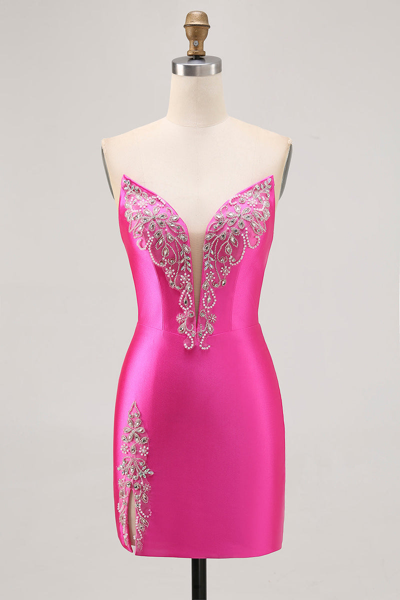 Load image into Gallery viewer, Sparkly Fuchsia Tight Satin Strapless Short Prom Dress with Rhinestones