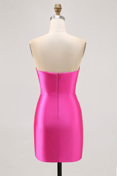 Sparkly Fuchsia Tight Satin Strapless Short Prom Dress with Rhinestones