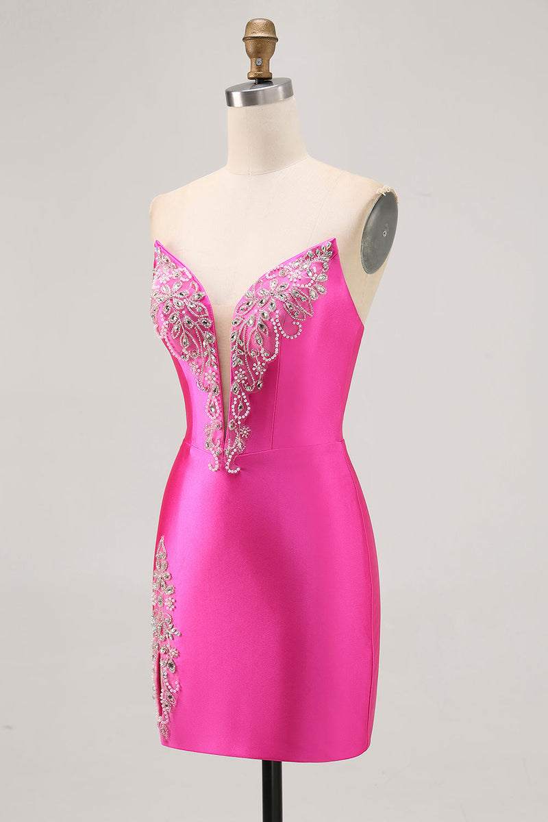 Load image into Gallery viewer, Sparkly Fuchsia Tight Satin Strapless Short Prom Dress with Rhinestones