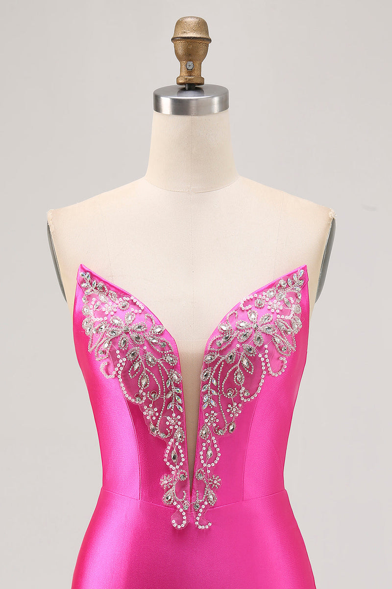 Load image into Gallery viewer, Sparkly Fuchsia Tight Satin Strapless Short Prom Dress with Rhinestones