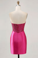 Load image into Gallery viewer, Sparkly Fuchsia Tight Corset Strapless Short Satin Prom Dress