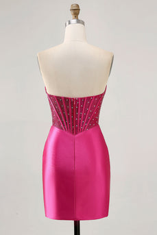 Sparkly Fuchsia Tight Corset Strapless Short Satin Prom Dress