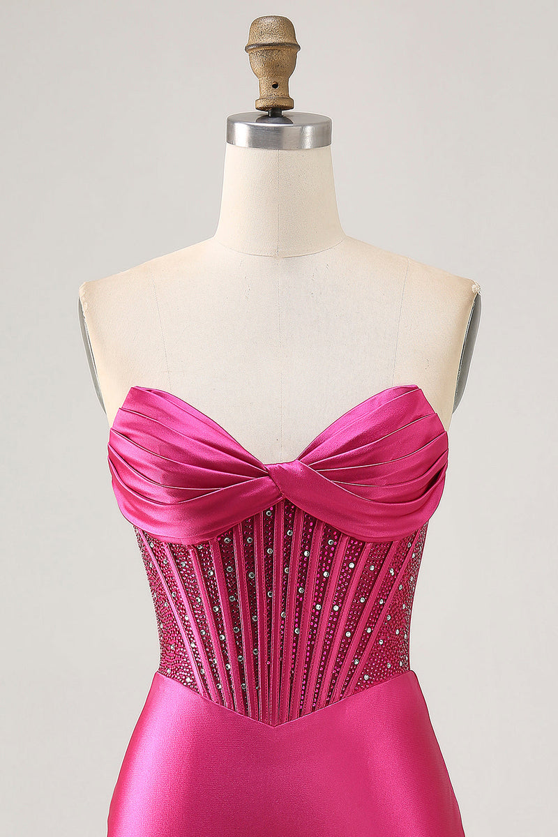 Load image into Gallery viewer, Sparkly Fuchsia Tight Corset Strapless Short Satin Prom Dress