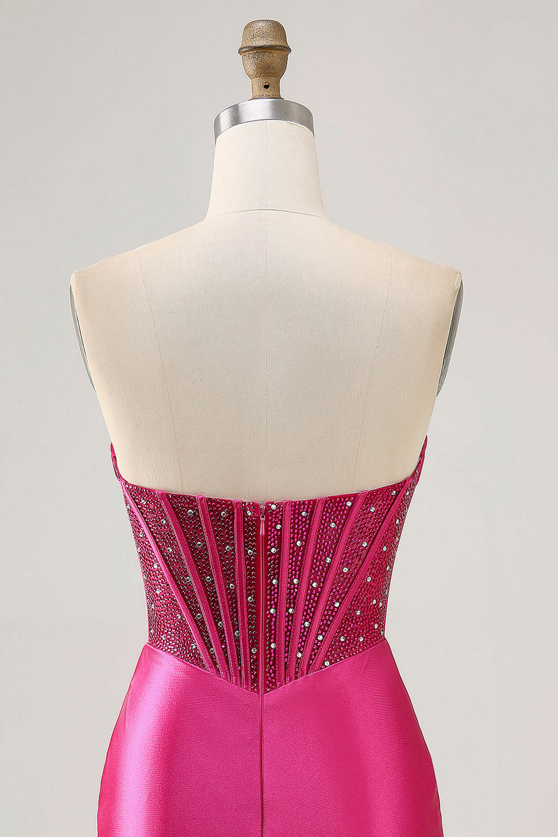 Load image into Gallery viewer, Sparkly Fuchsia Tight Corset Strapless Short Satin Prom Dress