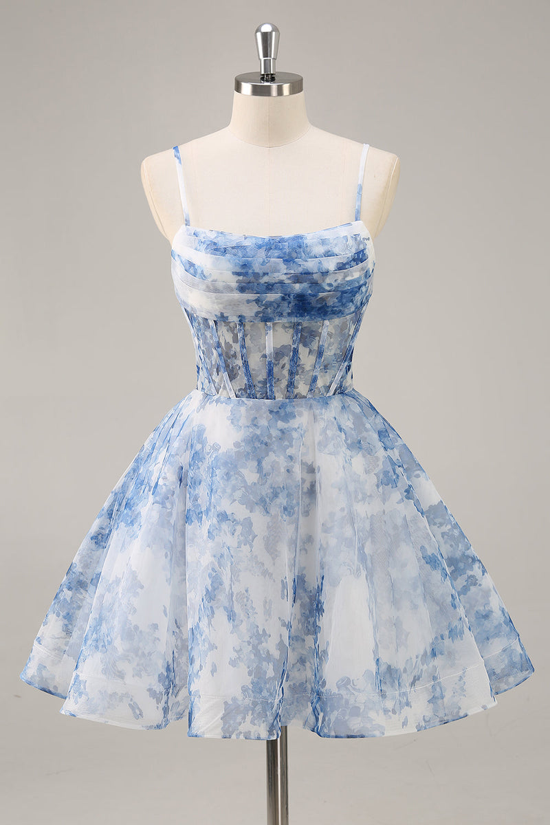 Load image into Gallery viewer, White and Blue Corset Floral Ruched Short Prom Dress