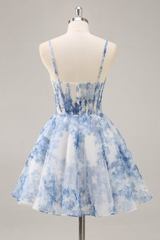 White and Blue Corset Floral Ruched Short Prom Dress