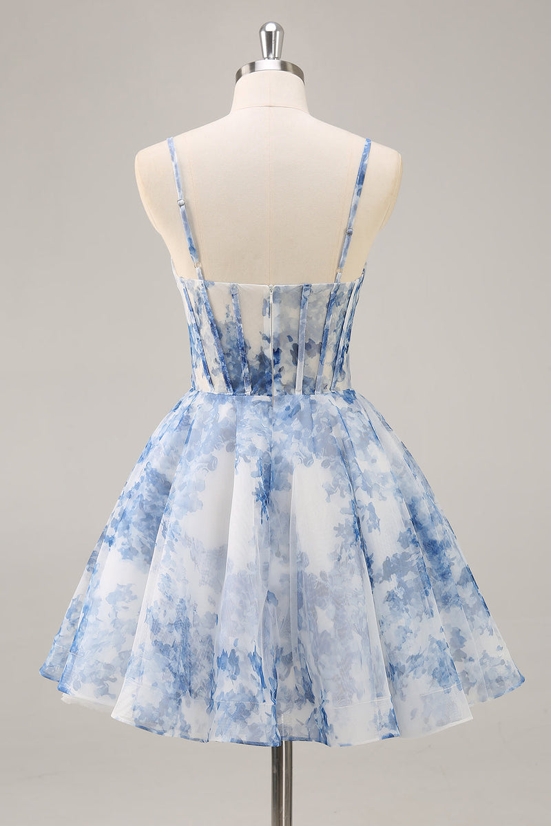 Load image into Gallery viewer, White and Blue Corset Floral Ruched Short Prom Dress