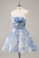 Load image into Gallery viewer, White and Blue Corset Floral Ruched Short Prom Dress