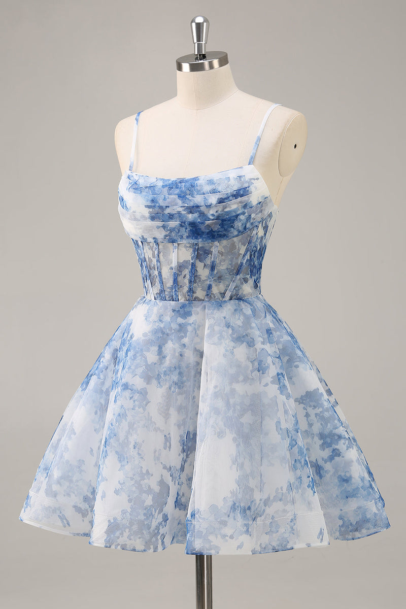 Load image into Gallery viewer, White and Blue Corset Floral Ruched Short Prom Dress
