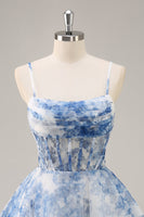 Load image into Gallery viewer, White and Blue Corset Floral Ruched Short Prom Dress