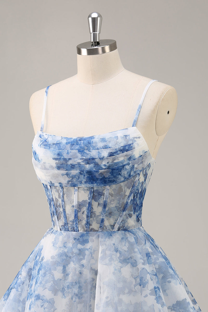 Load image into Gallery viewer, White and Blue Corset Floral Ruched Short Prom Dress