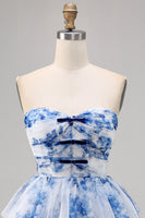 Load image into Gallery viewer, White and Blue Floral Sweetheart Ruffled Short Prom Dress with Bows