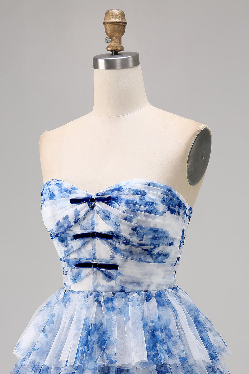 Load image into Gallery viewer, White and Blue Floral Sweetheart Ruffled Short Prom Dress with Bows