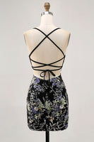 Load image into Gallery viewer, Sparkly Black Tight Floral Short Prom Dress with Beading