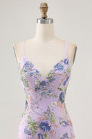 Load image into Gallery viewer, Sparkly Lilac Tight Beaded Floral Short Prom Dress with Sequins