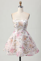 Load image into Gallery viewer, Sparkly Pink Floral A Line Short Prom Dress