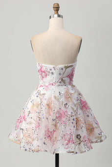 Sparkly Pink Floral A Line Short Prom Dress