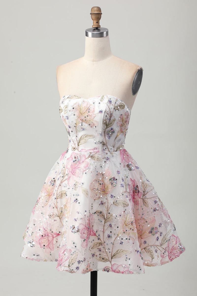 Load image into Gallery viewer, Sparkly Pink Floral A Line Short Prom Dress
