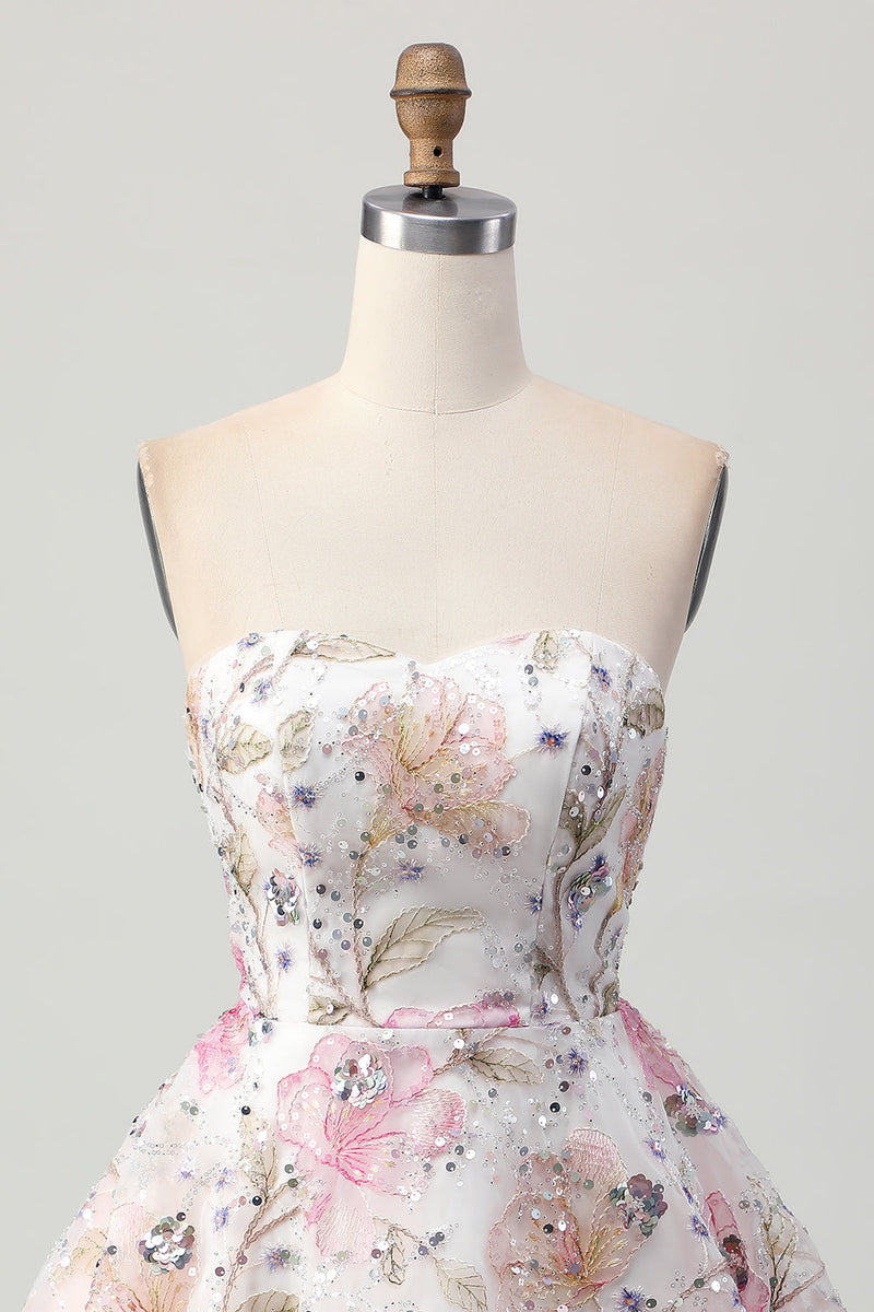 Load image into Gallery viewer, Sparkly Pink Floral A Line Short Prom Dress