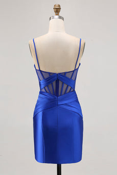 Royal Blue Tight Satin Ruched Corset Short Prom Dress with Slit