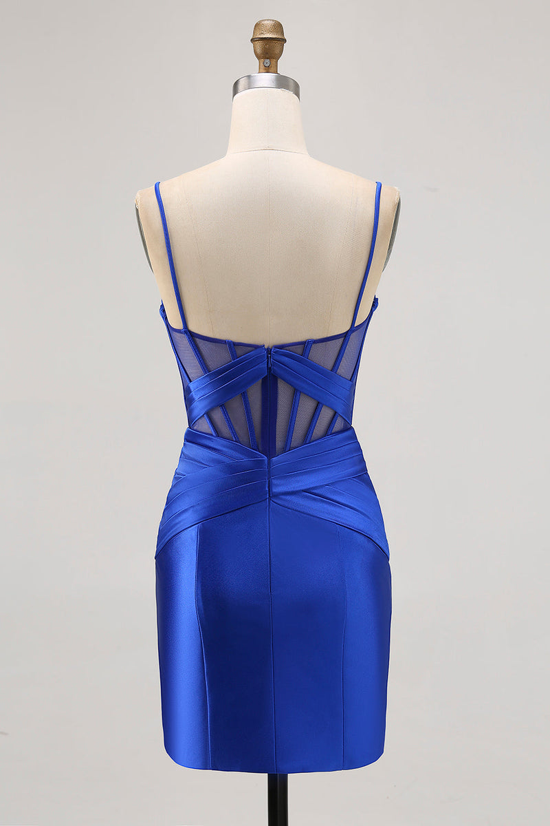 Load image into Gallery viewer, Royal Blue Tight Satin Ruched Corset Short Prom Dress with Slit