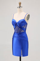 Load image into Gallery viewer, Royal Blue Tight Satin Ruched Corset Short Prom Dress with Slit