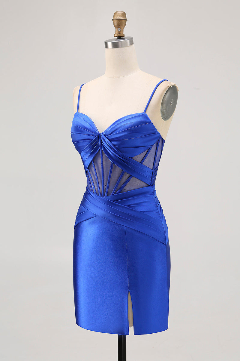 Load image into Gallery viewer, Royal Blue Tight Satin Ruched Corset Short Prom Dress with Slit