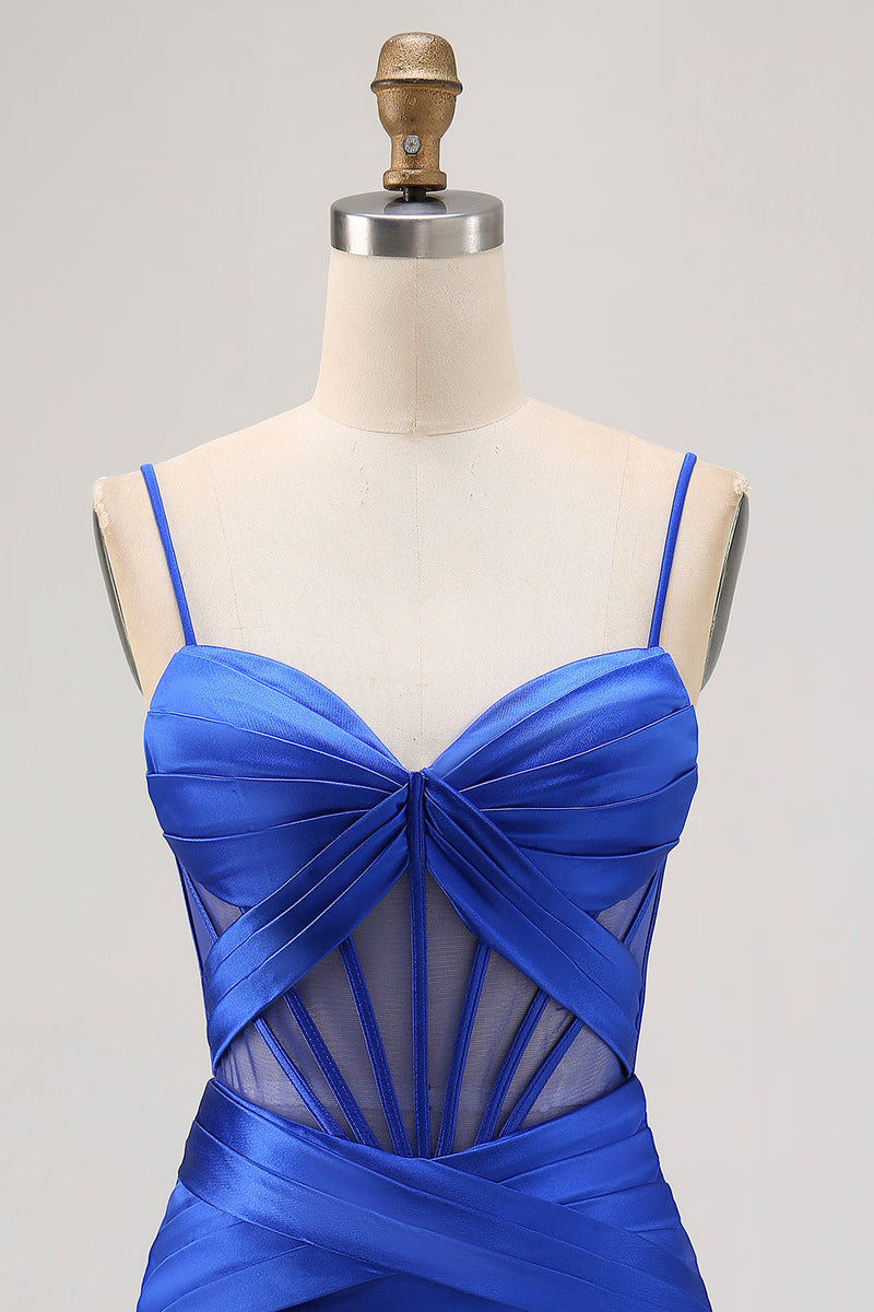 Load image into Gallery viewer, Royal Blue Tight Satin Ruched Corset Short Prom Dress with Slit