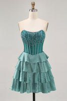 Load image into Gallery viewer, Sparkly Peacock Green Strapless Tiered Short Corset Prom Dress