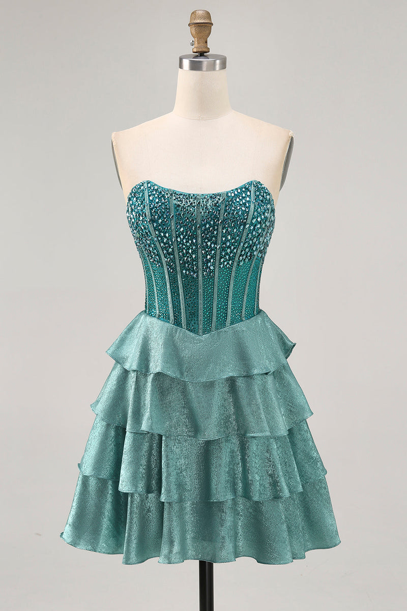 Load image into Gallery viewer, Sparkly Peacock Green Strapless Tiered Short Corset Prom Dress