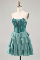 Load image into Gallery viewer, Sparkly Peacock Green Strapless Tiered Short Corset Prom Dress
