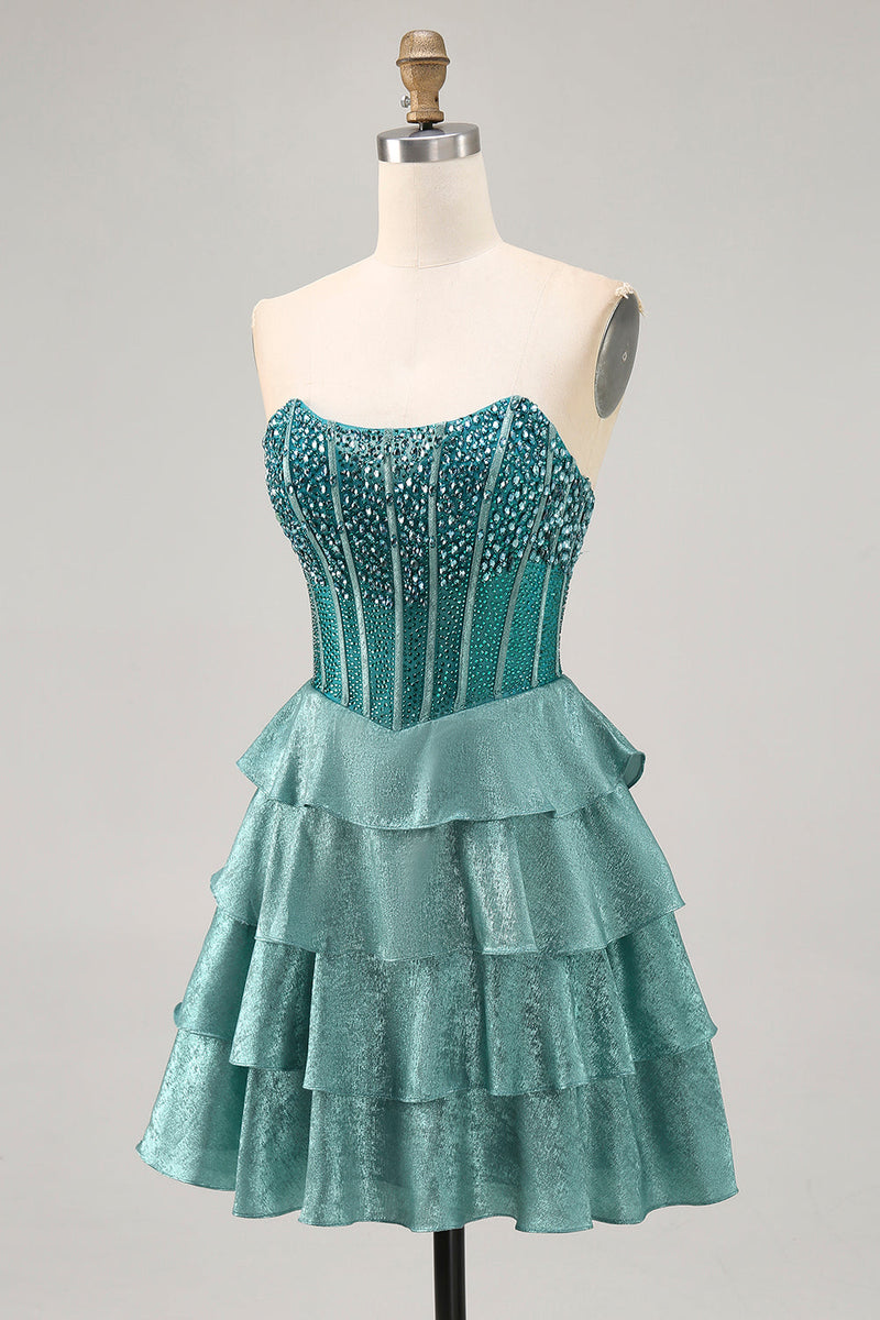 Load image into Gallery viewer, Sparkly Peacock Green Strapless Tiered Short Corset Prom Dress