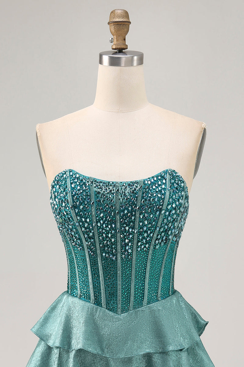 Load image into Gallery viewer, Sparkly Peacock Green Strapless Tiered Short Corset Prom Dress