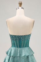 Load image into Gallery viewer, Sparkly Peacock Green Strapless Tiered Short Corset Prom Dress