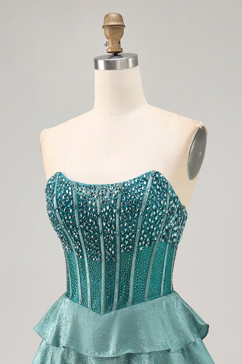 Load image into Gallery viewer, Sparkly Peacock Green Strapless Tiered Short Corset Prom Dress