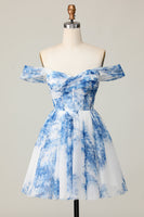 Load image into Gallery viewer, White Blue Off the Shoulder Flower A Line Short Prom Dress