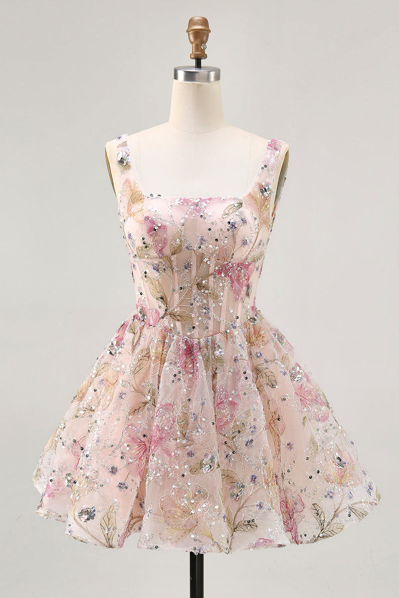 Load image into Gallery viewer, Sparkly Pink Corset Floral Beaded Short Prom Dress with Sequins