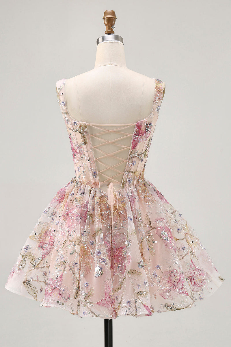 Load image into Gallery viewer, Sparkly Pink Corset Floral Beaded Short Prom Dress with Sequins