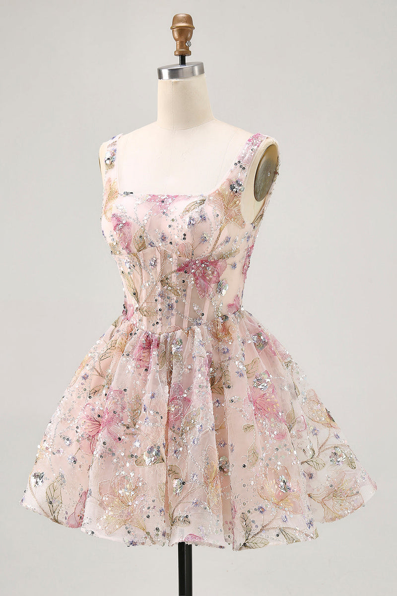 Load image into Gallery viewer, Sparkly Pink Corset Floral Beaded Short Prom Dress with Sequins