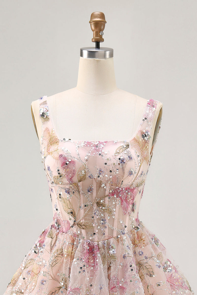 Load image into Gallery viewer, Sparkly Pink Corset Floral Beaded Short Prom Dress with Sequins