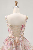 Load image into Gallery viewer, Sparkly Pink Corset Floral Beaded Short Prom Dress with Sequins