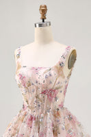 Load image into Gallery viewer, Sparkly Pink Corset Floral Beaded Short Prom Dress with Sequins