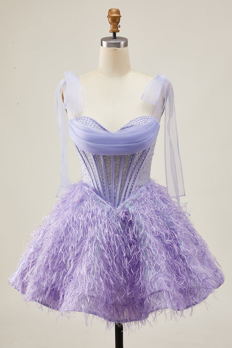 Load image into Gallery viewer, Sparkly Lilac Corset A Line Short Beaded Prom Dress with Feathers