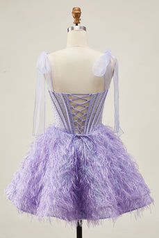 Sparkly Lilac Corset A Line Short Beaded Prom Dress with Feathers