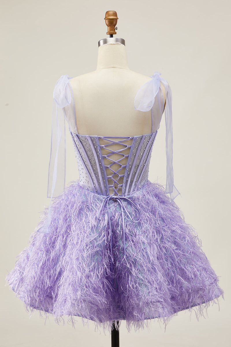 Load image into Gallery viewer, Sparkly Lilac Corset A Line Short Beaded Prom Dress with Feathers