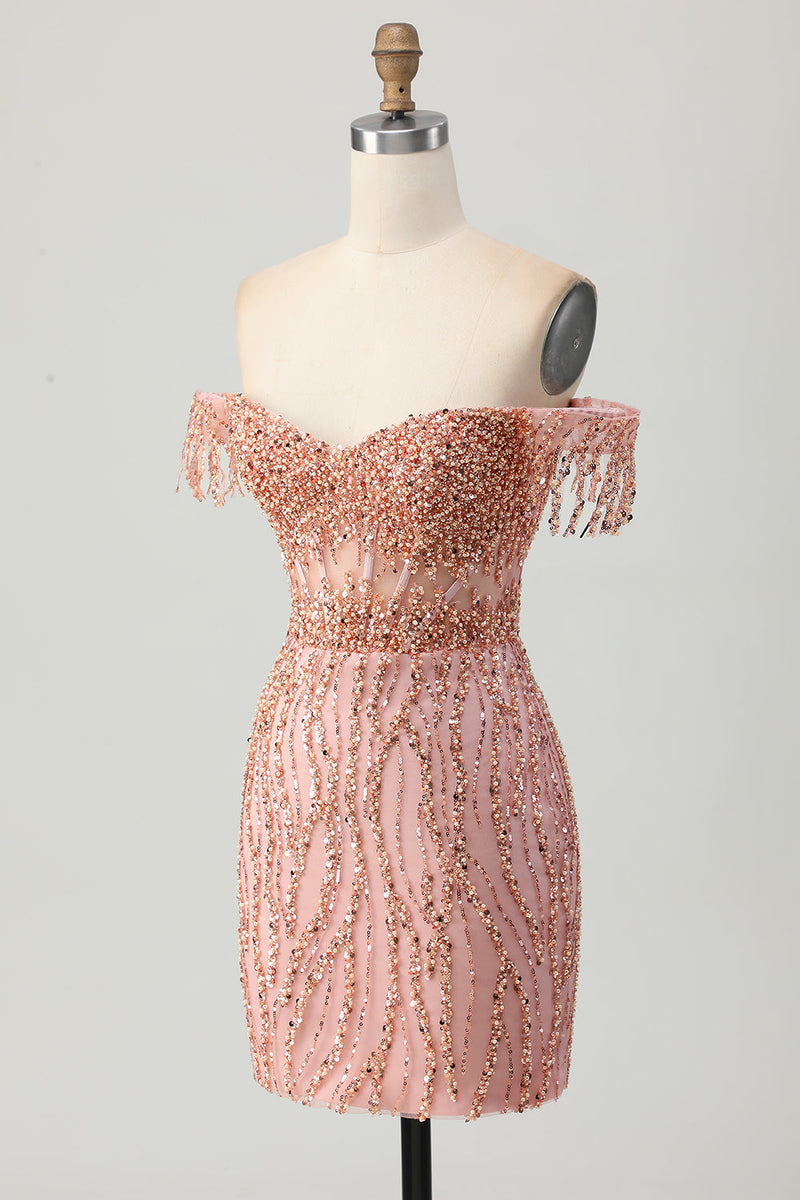 Load image into Gallery viewer, Sparkly Dusty Rose Tight Corset Short Prom Dress with Beading
